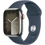 Apple Watch Series 9 GPS + Cellular 41 mm Edelstahlgehäuse silber, Sportarmband sturmblau S/M