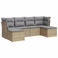 Garten-Sofagarnitur, 6-teilig, modular, für Terrasse, aus beigem PE-Rattan, Stahl, UV-beständig, mit hellgrauen Kissen, abnehmbarem Bezug - Beige