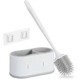 Relaxdays Toilettenbürste mit Wandhalterung, schnelltrocknend, WC-Bürste, Behälter, ohne Bohren, Kunststoff, weiß-grau