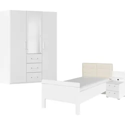 Schlafzimmer-Set RAUCH "Komplettschlafzimmer Schlafzimmer EVELYN", weiß (alpinweiß), Bett 100x200cm + ohne Matratze, B/H: 100cm x 200cm, Holzwerkstoff, Schlafzimmermöbel-Sets, Schrank und Bett in 2 Breiten, Nachttisch mit Paneel MADE IN GERMANY