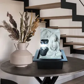 GLOBO Tischbrunnen mit Pumpe Springbrunnen mit LED Beleuchtung Buddha Design Zimmerbrunnen grau Dekoration, LxBxH 21x18,5x25,5 cm