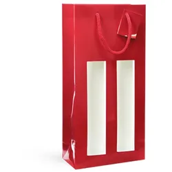 Tasche für 2 Flaschen mit Fenster aus rotem Glanzpapier mit Kordelgriffen je 100 - Gimex