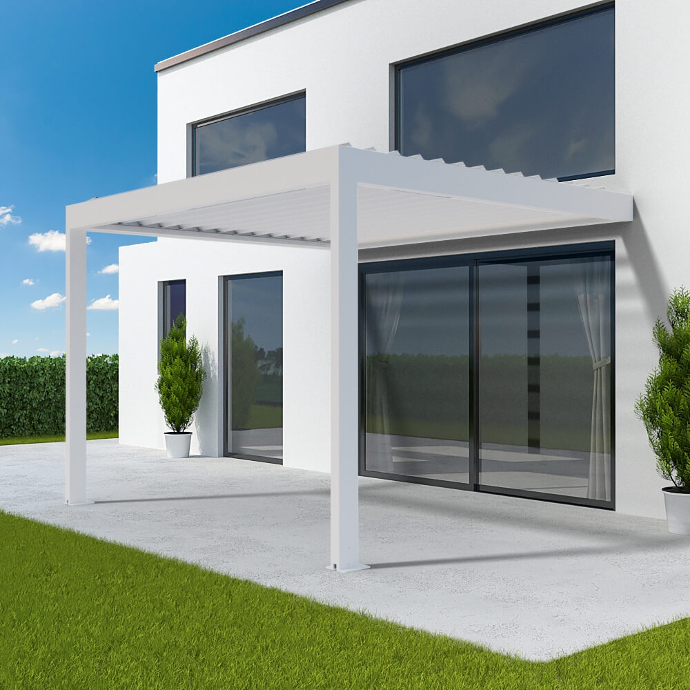 Anbaupergola, Terrassenüberdachung aus Aluminium, Weiß, mit Lamellendach, 2 Pfosten, Verkehrsweiß RAL 9016, nach Maß