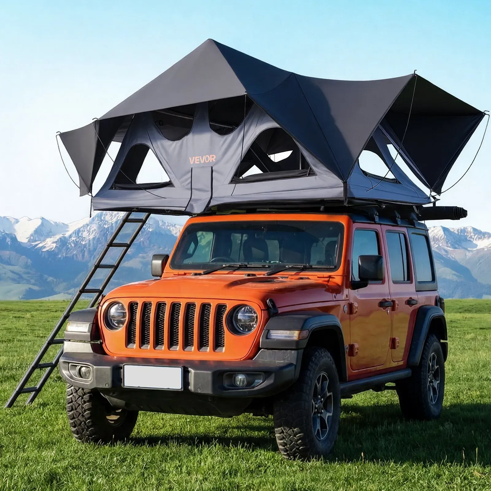 VEVOR Autodachzelt Hartschalen für 2-3 Personen, Faltbares Campingzelt aus Aluminium mit Dreifarbiger LED-Beleuchtung & Dicker Matratze & 10 Fenstern, Wasserfest & Windicht, für Jeep SUV Pickup