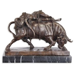 Casa Padrino Luxus Bronze Skulptur Stier und Frau Bronze / Schwarz H. 31 cm - Bronze Deko Figur mit Marmorsockel - Bronze Tierfigur - Luxus Deko Accessoires