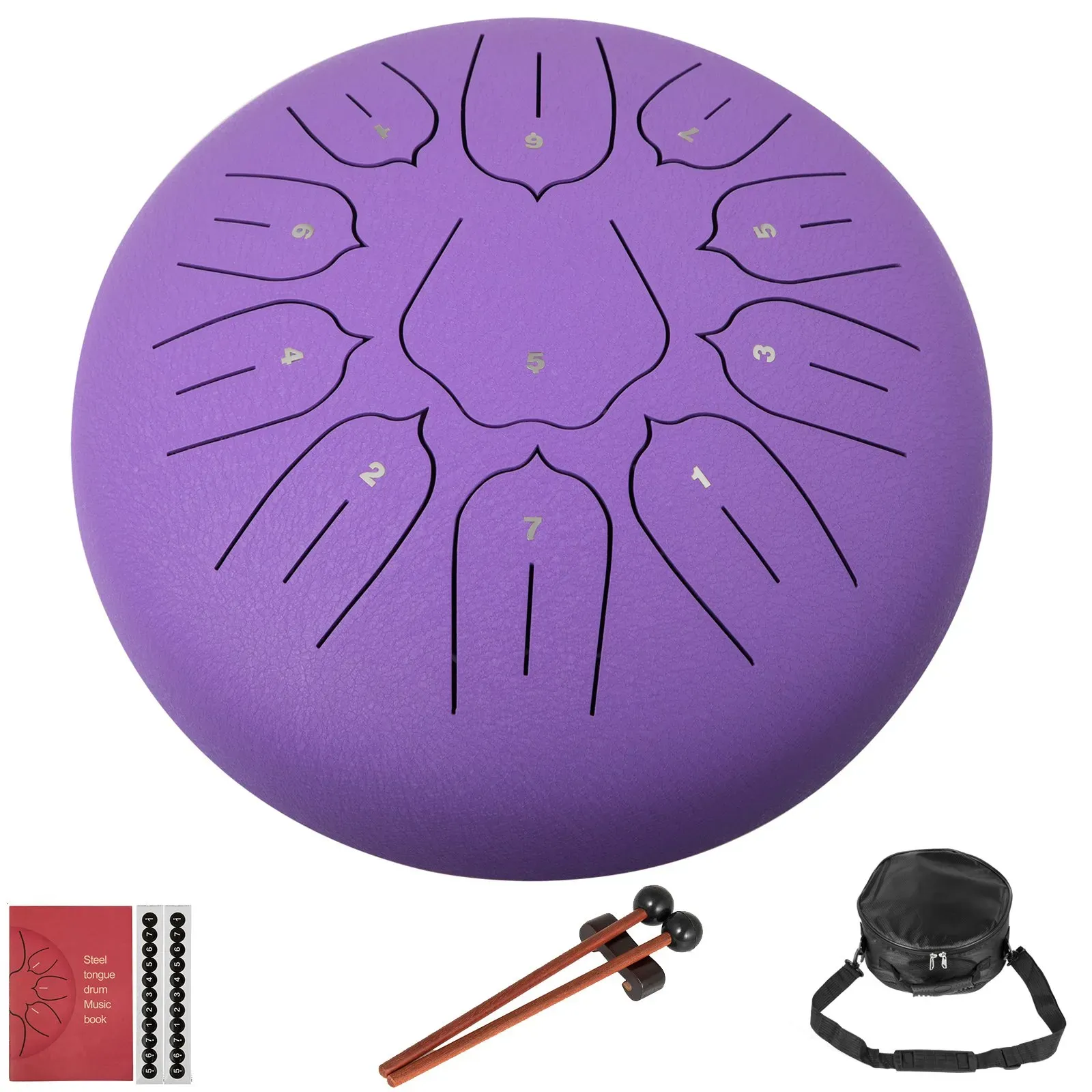 VEVOR Zungentrommel aus Stahl,Drum Instrument 11 Töne, Drum Instrument 25 cm, Percussioninstrument Pistolenfarbe mit Reisetasche, Musikbuch, Schlägel, Lila Tank Drum Chakra Drum