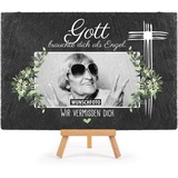 Schieferplatte selbst gestalten - Gedenktafel mit Foto bedrucken - Gott brauchte Dich als Engel - Grabtafel, Grabschmuck - Schiefertafel mit Staffelei, 20x30 cm I Personalisierte Erinnerung