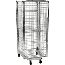 Kongamek Rollcontainer verzinkt 850x720x1770 mm grau stapelbar mit Gitterboden und 4 Gitterwänden mit Bremse