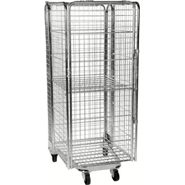 Kongamek Rollcontainer verzinkt 850x720x1770 mm grau stapelbar mit Gitterboden und 4 Gitterwänden mit Bremse