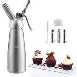 Yakimz Sahnespender Aluminium/Edelstahl Sahnesyphon, 0,5 L Mit 3 Edelstahl Deko-Düsen und Reinigungbürste für die Zubereitung von Schlagsahne, Creme, Mousse (1x Aluminium Sahnespender, Aluminium)