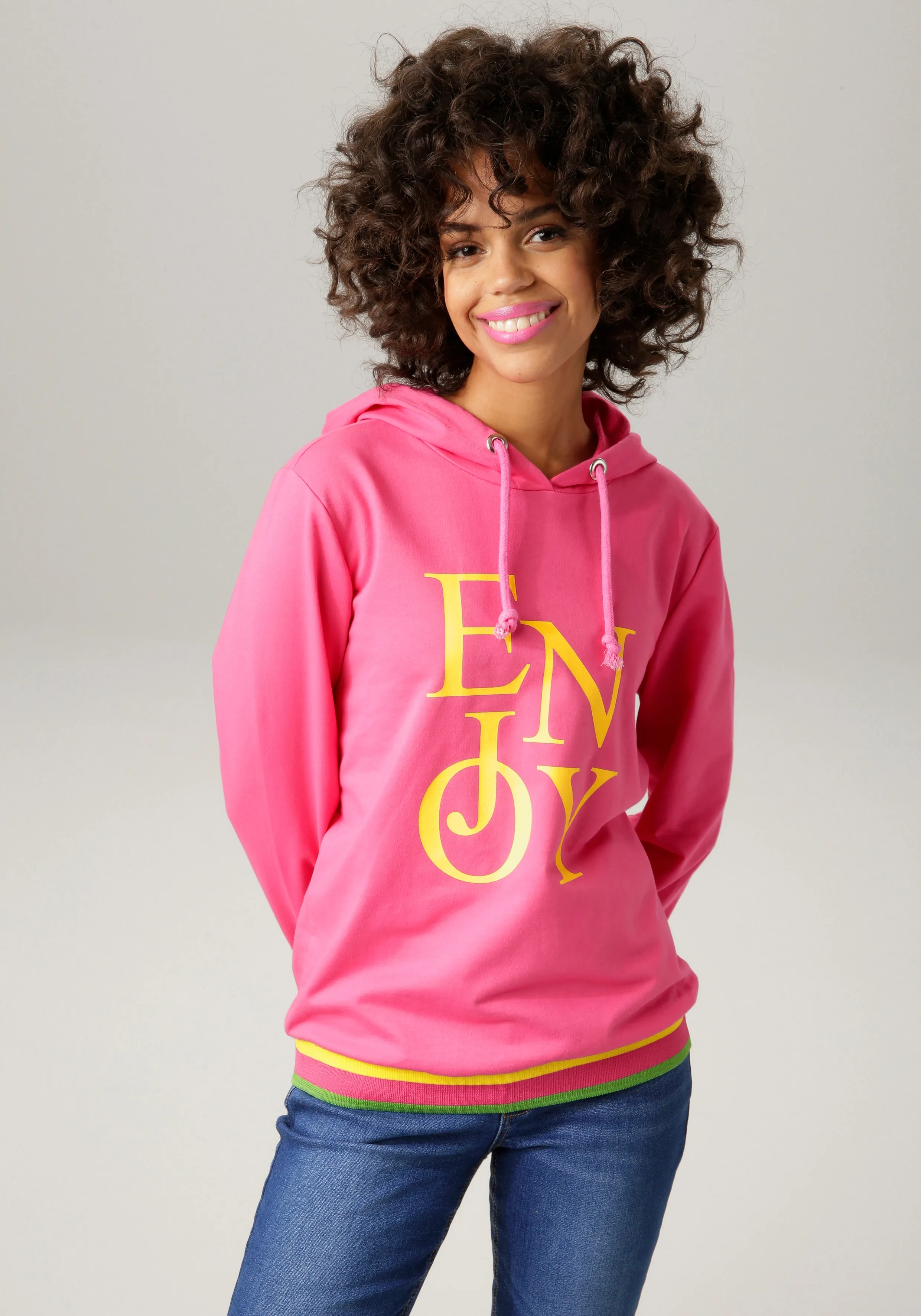 Sweatshirt ANISTON CASUAL Gr. 44, pink (pink, gelb, moosgrün) Damen Sweatshirts mit "ENJOY"-Schriftzug