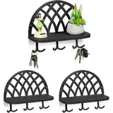 3 x Schlüsselbrett, Ablage & Haken, Vintage Schlüsselhaken, Guss & Holz, Wandgarderobe HBT: 23x27x12 cm, schwarz