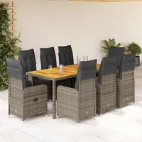 vidaXL 9-tlg. Garten-Bistro-Set mit Kissen Grau Poly Rattan