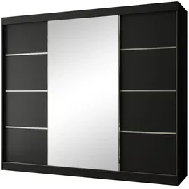 beautysofa Schiebtürenschrank PACO 250 cm - Kleiderschrank inkl. 3 Schiebtüren Schrank mit Spiegel & Kleiderstange, Farbe: Schwarz - Schwarz