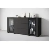 Home Affaire Sideboard HOME AFFAIRE "modernes Design mit Glaseinsätzen und 3 Schubladen, Breite 150 cm", schwarz (graphite schwarz matt), B:150cm H:70cm T:39,5cm, Sideboards, Sideboard, Grifflose Fronten mit Push-to-Open, höhenverstellbare Einlegeböden