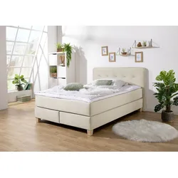 Boxspringbett HOME AFFAIRE "Fargo", beige, B:153cm L:207cm, Struktur fein (100% Polyester), Samtstoff (100% Polyester), Komplettbetten, inkl. Topper, in 3 Matratzenarten, in Samt- oder Strukturstoff