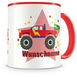 Samunshi® Kindertasse mit Namen Tasse Monstertruck Personalisierte Tasse mit Namen Kinder Kinderbecher mit Namen Kindergarten rot 300ml