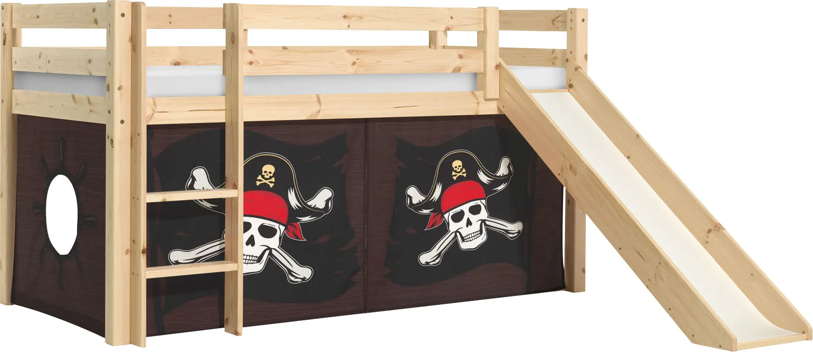 Spielbett VIPACK "Vipack Pino" Betten Gr. mit Textilset Caribian Pirate, Liegefläche B/L: 90cm x 200cm H: 114cm, kein Härtegrad, beige (natur) Baby Hochbett mit Textil-Set, inkl. Rolllattenrost, Leiter und Rutsche