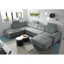 Wohnlandschaft ED EXCITING DESIGN "Alba U-Form", grau, B:349cm H:88cm T:233cm, 100% Polyester, Sofas, mit Bettfunktion, Bettkasten, Kopfstützen, Armteilverstellung