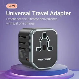 Vention FJCB0 20W Universal-Wandladegerät 1xUSB-C 2xUSB All-in-One Travel Schwarz