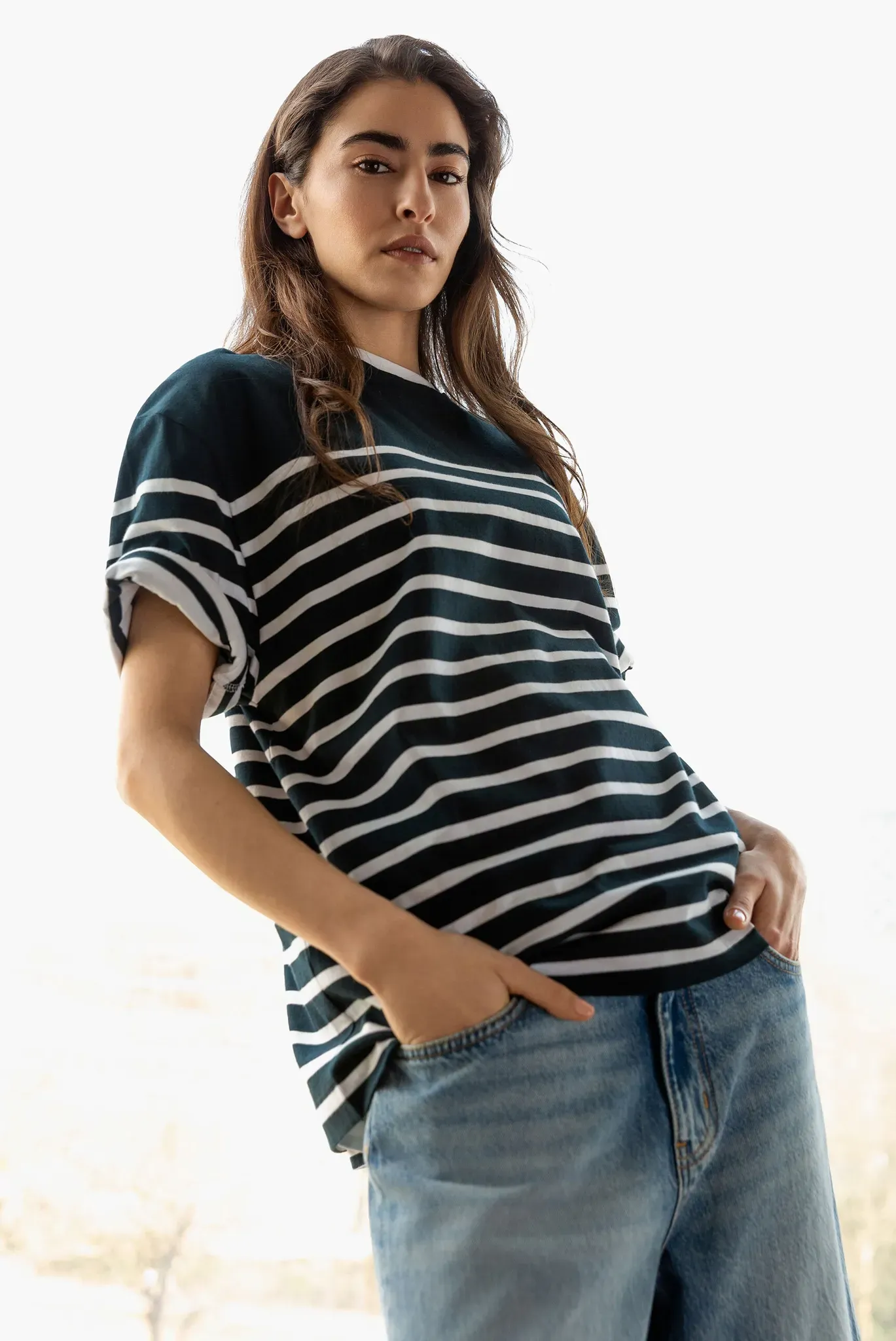 Rundhalsshirt SENSES.THE LABEL, Damen, Gr. XL, night navy, opticweiß, Single Jersey, Material: 100% Baumwolle, gestreift, oversize normal, Rundhals, eingesetzt gerader Abschluss, Shirts Rundhalsshirt, aus Baumwolle