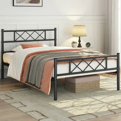Yaheetech Modern Metallbett 90x190cm Bettgestelle mit Lattenrost, Doppelbett/Einzelbett, Bettrahmen mit Kopfteil, für Schlafzimmer Gästezimmer Schwarz