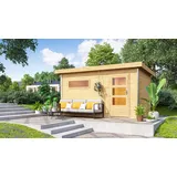 Karibu Saunahaus Außensauna Gartensauna Skrollan 3 unbehandelt Ofen 11 KW externe Strg easy 38mm Massivholz 277x276x232 cm
