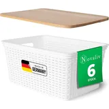 Novaliv 6er Set Aufbewahrungsboxen mit Holzdeckel Groß 14L Korb Weiß in Rattan Design Lebensmittelecht Aufbewahrungskorb Stapelboxen Nestbar Kuns...