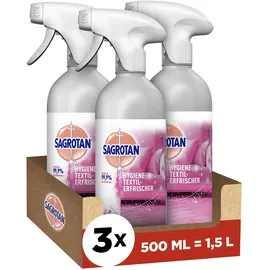 Sagrotan Hygiene-Textilerfrischer Wasserlilie– Entfernt festsitzende Gerüche & geruchsbildende Bakterien – Für Kleidung & Wohntextilien – 3 x 500 ml