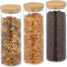 Relaxdays Vorratsgläser mit Bambusdeckel, 3er Set, runde Vorratsdosen aus Glas, 1600 ml, luftdicht, transparent/natur, 28 x 10 cm