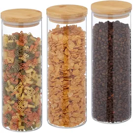 Relaxdays Vorratsgläser mit Bambusdeckel, 3er Set, runde Vorratsdosen aus Glas, 1600 ml, luftdicht, transparent/natur, 28 x 10 cm