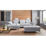 PLACES OF STYLE Ecksofa PLACES OF STYLE "Costello L-Form, B: 301 cm mit Sitztiefen-, Armteilverstellung &", grau (hellgrau), B:301cm H:89cm T:176cm, 100% Polyester;Samtoptik (100% Polyester), Sofas, Ecksofa, 3 Nierenkissen, optional Bettfunktion & Bettkasten, Topseller