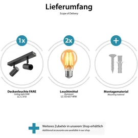 ledscom.de E27 Vintage Decken-Leuchte FARE, Retro, schwarz, schwenkbar, 2-flammig +LED Lampen gold je max. je 778lm extra-warmweiß 3-Stufen Dimmen