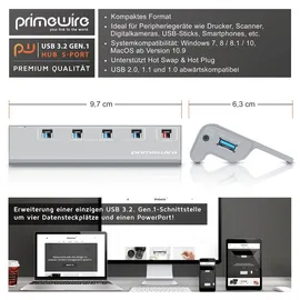 Primewire - USB HUB 3.2 Gen1, USB Adapter, USB Verteiler, 5-Port, kompatibel mit Windows Desktop-PCs, Notebooks, Laptops, MacBooks (bis 2015), Mac
