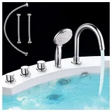 MuCoLa - 5 Loch Handbrause Wasserhahn Armatur Set Rund Wannenarmatur Wannenrand Hahn Chro