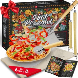 Heidenfeld Kitchen & Cooking 5in1 Pizza-Set, Pizzastein, 2in1 Pizzaschieber, Pizzaschneider, Holzgriffe, Pizza-Zubehör