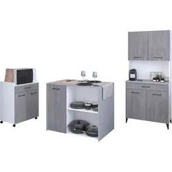 Schrank-Set PARISOT "Parisot, Malice 5 - Buffet, Beistellschrank / Insel auf Rollen", grau (beton optik), viel Stauraum-flexibel stellbar / nutzbar-Inselmit großzügigem Freiraum als Sitzmöglichkeit-Schubkästen-ausreichend Platz für Mikrowelle / Kaffemaschine-9 Türen für verdeckten Stauraum-3 offene Fächer, Spanplatte, Kastenmöbel-Sets, Beistellschrank auf Rollen, Insel mit Sitzgelegenheit, Beton-Optik
