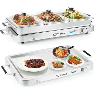 Costway 3in1 Warmhalteplatte 450W elektrisch, Wärmebehälter mit Temperaturregler bis 150°C, Speisewärmer 9L Edelstahl - Silber