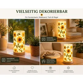 Formano LED Deko Licht Sonnenblumen Stimmungslicht Glaszylinder 20 cm Holzsockel - Bunt