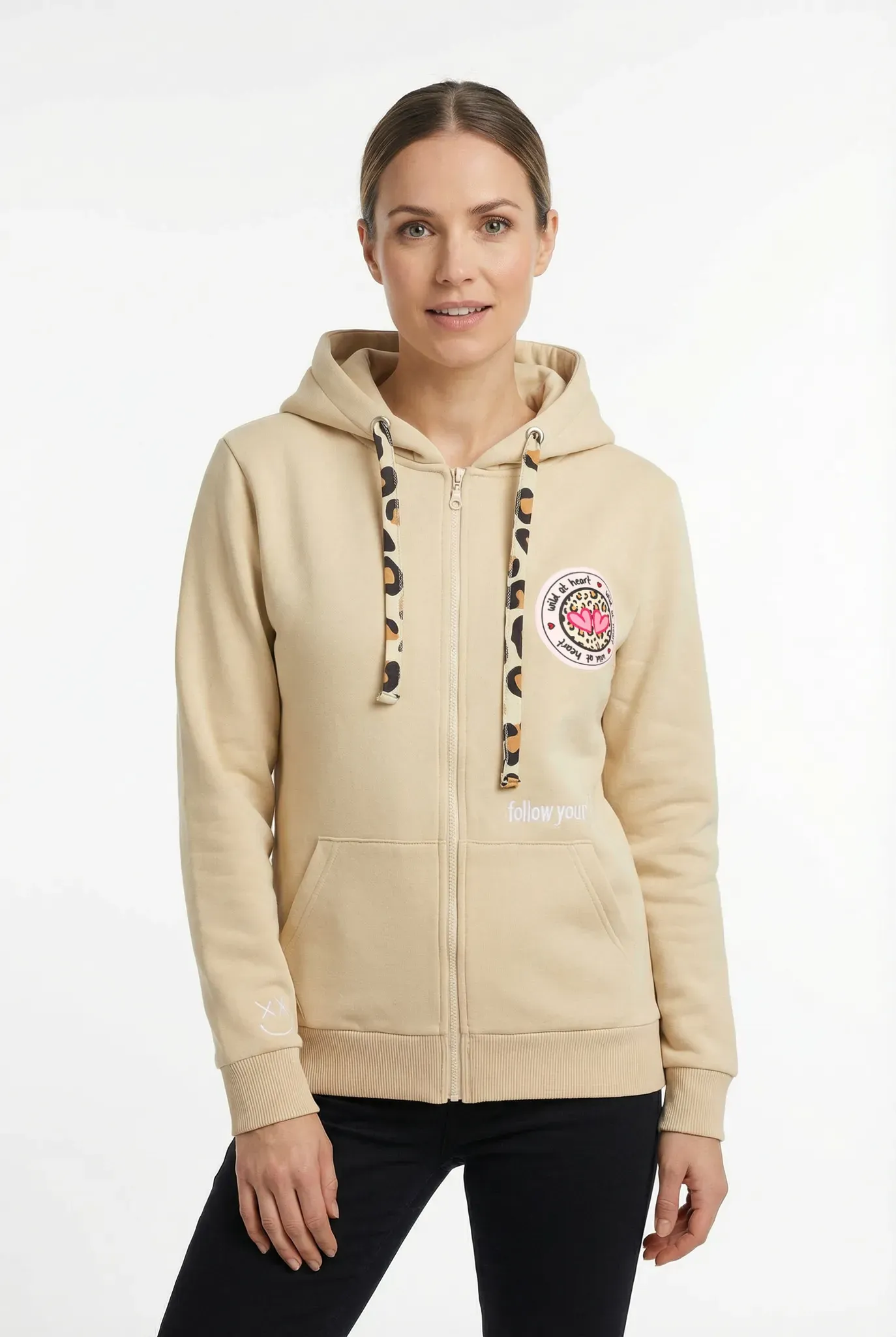 Kapuzensweatjacke ZWILLINGSHERZ, Damen, Gr. L/XL, beige, Sweatware, Obermaterial: 50% Baumwolle, 50% Polyester, normal hüftlang, hoch geschlossener Ausschnitt, Bündchen, Sweatjacken, Leo-Details, Langarm, Reißverschluss, Baumwollmischung
