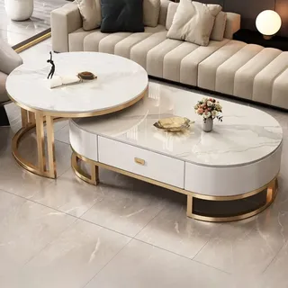 ZDFTGKM Ovaler Couchtisch aus Stein, 2er-Set, Wohnzimmer-Mitteltisch mit Schublade, Beistelltisch aus Glas, Gold/Weiß – Weiß, (99,4" L x 49,5" B x 40,6 cm H) + (69,5" L x 69,5" B x 45,7 cm H)