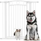 PawHut Türschutzgitter Hund, 76-104 cm Absperrgitter ohne Bohren, Treppengitter aus Stahl, Treppenschutzgitter mit Katzentür, Schutzgitter, Sicherheitsgitter für Treppen, Tür, Flur, Weiß