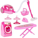 Greyghost Puppenhausmöbel Reinigungsset Spielzeug Waschmaschine Staubsauger mit Licht (Spielzeug Haushaltsgeräte Set für Rollenspiele, Puppenhaus und kreative Spiele, Kinder Putzspielzeug mit Waschmaschine, Staubsauger, Bügeleisen), Realistisches Rollenspiel, Licht & Sound, motorische Fähigkeiten rosa