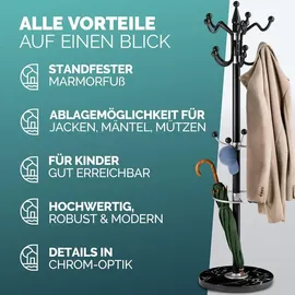 CASARIA Garderobenständer 14 Haken 37 x 37 x 175 cm Schwarz