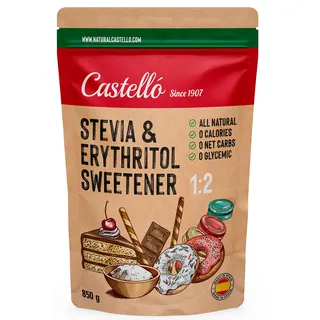 Stevia + Erythrit 1:2 Süßstoff | 1g = 2g Zucker | 100% Natürlich schmeckender Zuckerersatz - 0 Kalorien - 0 Glykämischer Index - Keto und Paleo - 0 Netto-Kohlenhydrate - Castello since 1907-850 g