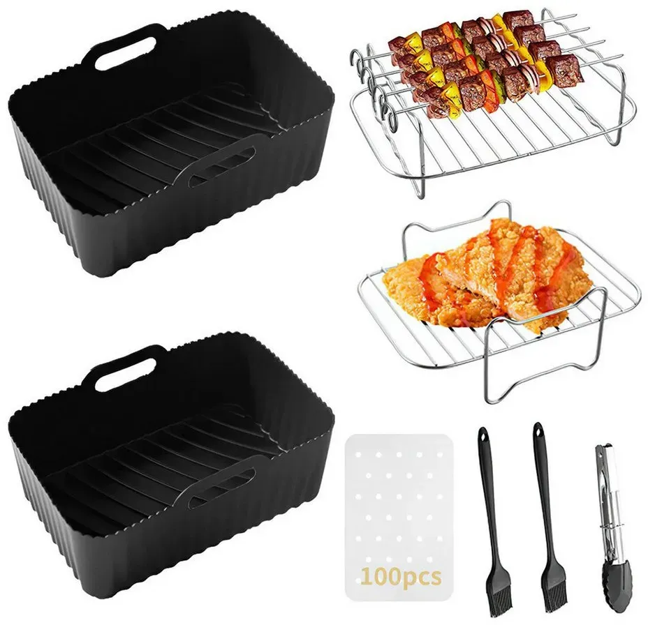 Preisvergleich Produktbild BlingBin Küchenmaschinen Zubehör-Set 10 Stück Heißluftfritteusen Zubehör, Airfryer Zubehör Backform, Zubehör für Ninja Foodi Air Fryers AF400EU, AF451EU, AF500EU, AF300 EU, AF451EU, Tower T17088 usw., für Ninja Airfryer Zubehör, Kompatibel für Ofen, Mikrowelle schwarz|silberfarben