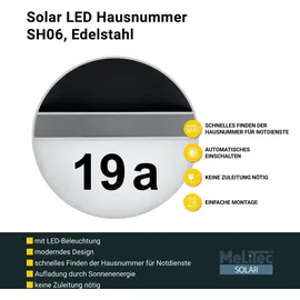 Melitec Solar-Hausnummer SH06, moderne LED-beleuchtete Hausnummer, für außen, wasserdicht, aus Edelstahl, kabellose Solar-Hausnummernleuchte - Silber
