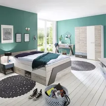 Lomadox Jugendzimmer Set Mit Bett 140x200 Cm Und Schreibtisch 4-teilig Leeds-10 In Sandeiche Nb. Mit Weiß, Lava Und Denim Blau