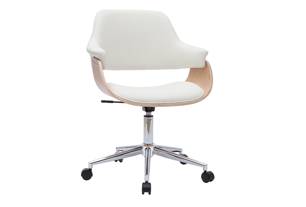 Chaise de bureau à roulettes design blanc, bois clair et acier chromé HANSEN