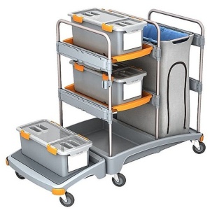 Cleankeeper Systemwagen II - 2, 3 Moppboxen (59,5x27,5x24), 2 Schalen (60x40,5x5), 1 Abfallbehälter 120 l, 1 Abfallsack 120 l - blau